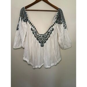 Free People Embroidered Off Shoulder Peasant Top White Green Boho Blouse Large